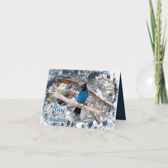 Tarjeta de Navidad doblada de Steller's Jay Merry  (Anverso)