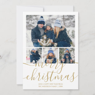 Tarjeta de Navidad dorada con 4 fotos y texto manu