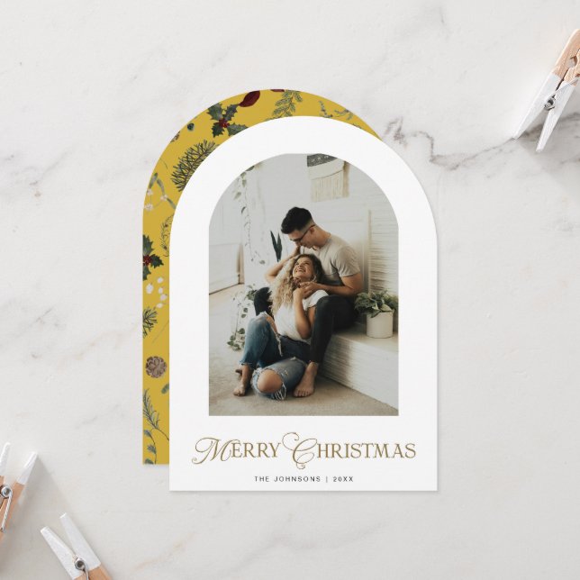 Tarjeta de Navidad dorada con arco botánico y foto (Anverso/Reverso In Situ)