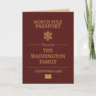 Tarjeta de Navidad dorada y roja estilo pasaporte