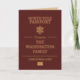 Tarjeta de Navidad dorada y roja estilo pasaporte