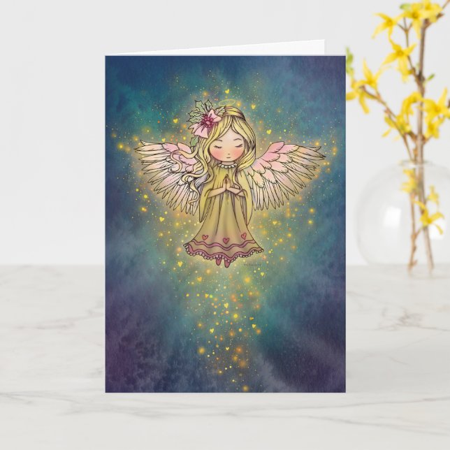 Tarjeta de Navidad dulce ángel dorado (flor amarilla)