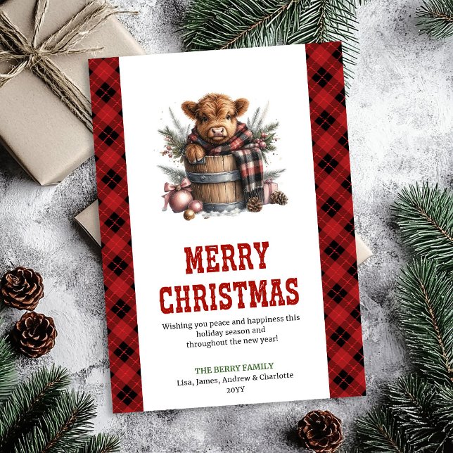 Tarjeta de Navidad editable de vaca de las tierras (Editable highland cow Christmas holiday card)