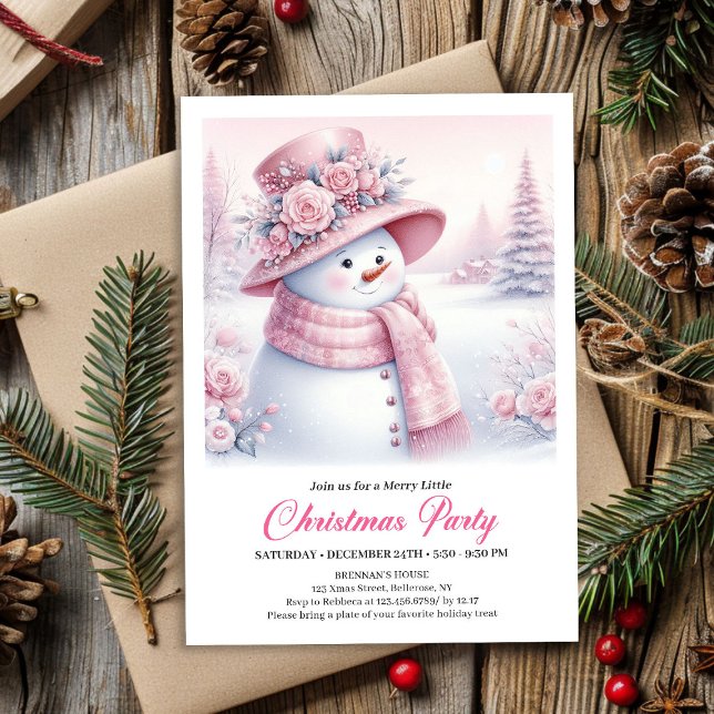 Tarjeta de Navidad editable para niños con muñeco  (Vintage Pink Snowman Kids Editable Christmas Invitation

)