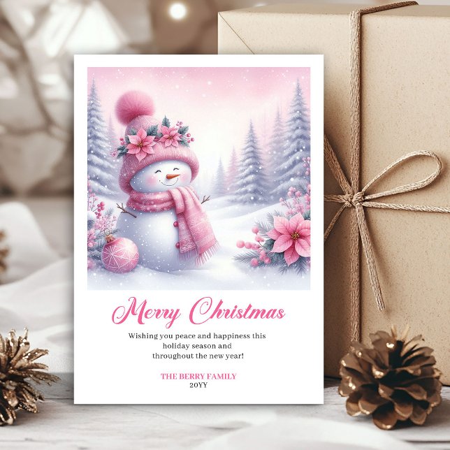 Tarjeta de Navidad editable para niños con un enca (Charming Pink Snowman Kids Editable Christmas Greeting Card

)