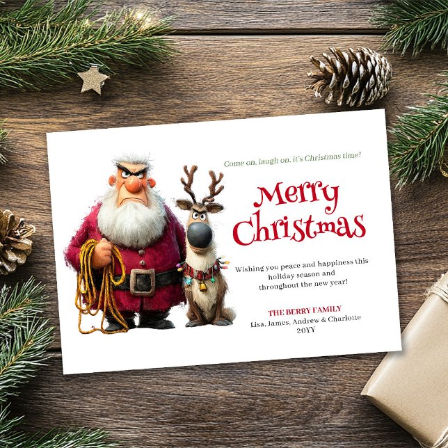 Tarjeta de Navidad editable personalizada de Claus (Quirky cranky Claus custom editable Christmas card)