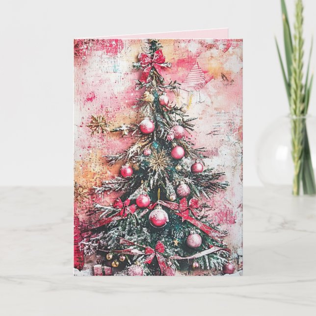 Tarjeta de Navidad editable vintage rosa (Anverso)
