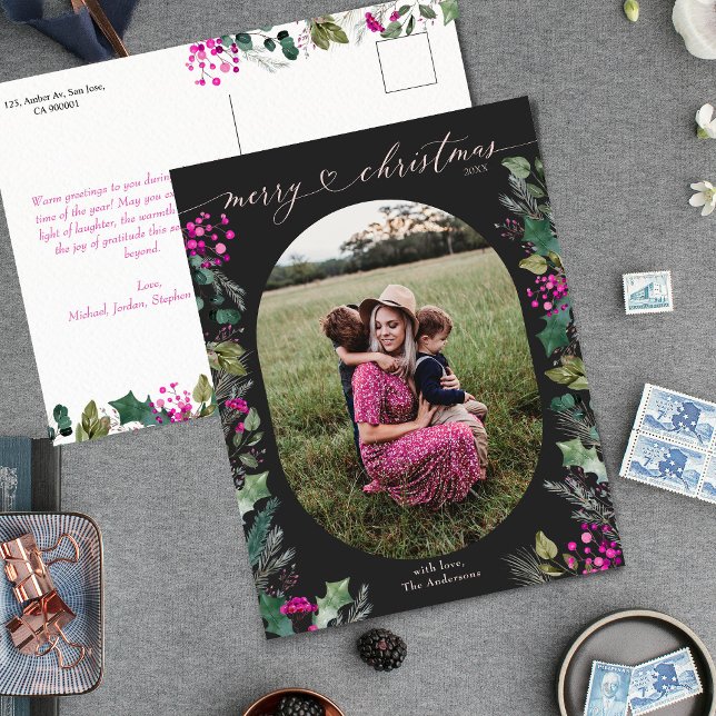 Tarjeta de Navidad elegante Boho Black y Blush Pin (Subido por el creador)