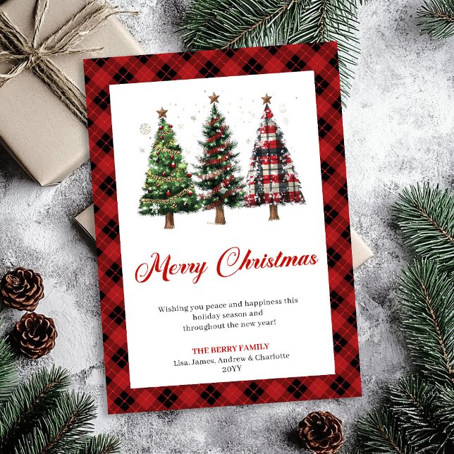 Tarjeta de Navidad elegante con árbol de plaid de  (Stylish Buffalo Plaid Christmas Tree Holiday Card)