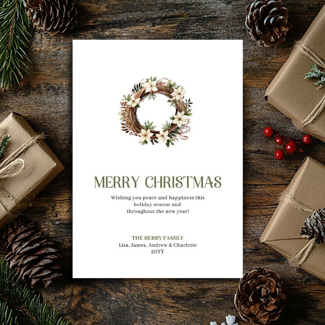 Tarjeta de Navidad elegante con corona de Navidad  (Trendy Christmas Ornament Sage Neutral Holiday Card)