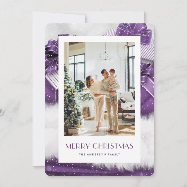 Tarjeta de Navidad elegante con foto morada (Anverso)