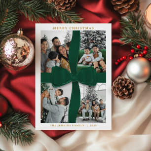 Tarjeta de Navidad elegante con lazo verde y foto
