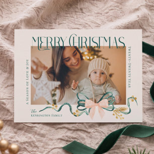 Tarjeta de Navidad elegante con lazo verde y rosa