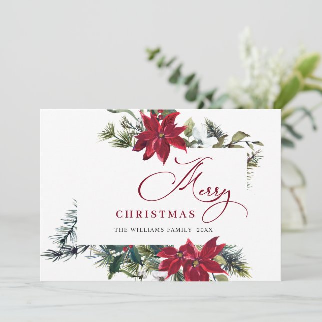 Tarjeta de Navidad elegante con poinsettia y muérd (Anverso de pie)