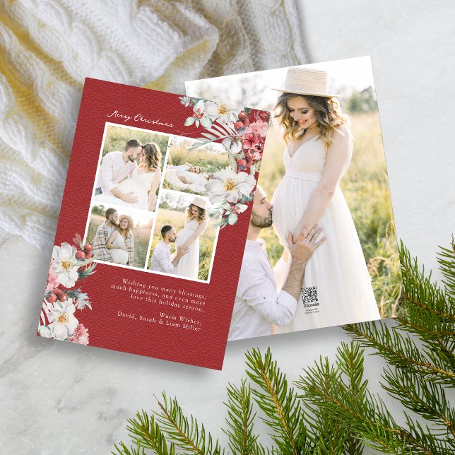 Tarjeta de Navidad elegante de collage de fotos (Elegant Red Holiday Photo Collage Christmas Card Red Berries White Botanicals 5 photos)