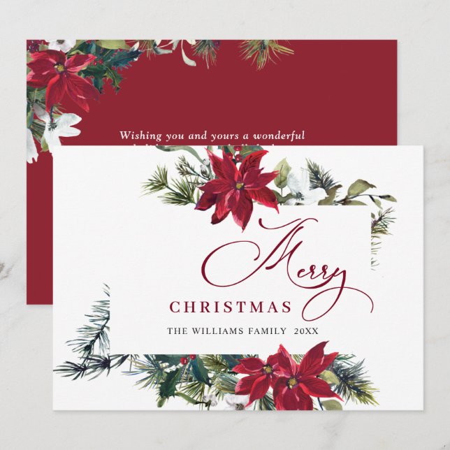 Tarjeta de Navidad elegante de Poinsettia y muérda (Anverso / Reverso)