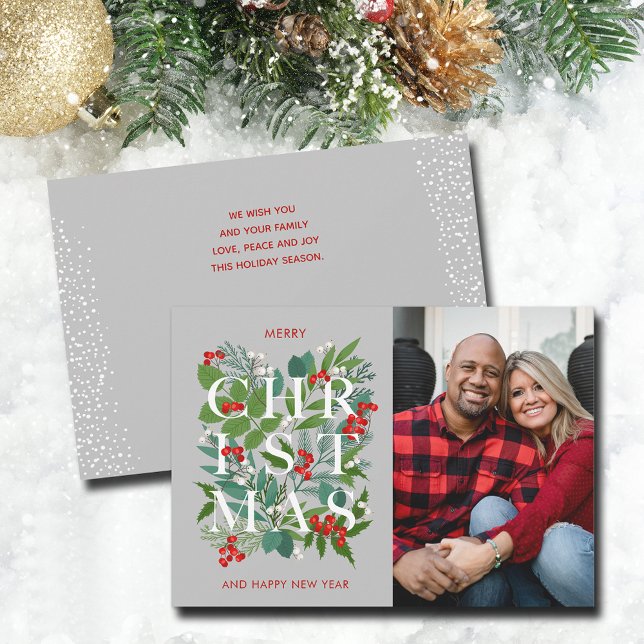 Tarjeta de Navidad elegante de verde navideño con  (Elegant CHRISTMAS greenery and berries photo holiday cards - PRINTED and/or INSTANT DOWNLOAD)