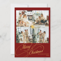 Tarjeta de Navidad elegante en rojo y dorado para