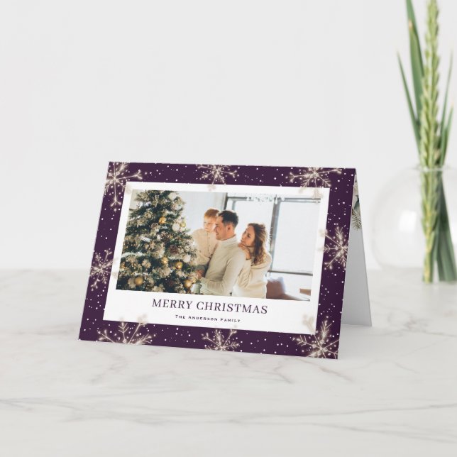 Tarjeta de Navidad elegante morada con copo de nie (Anverso)