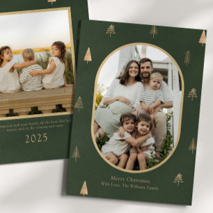 Tarjeta de Navidad elegante verde con árboles dora