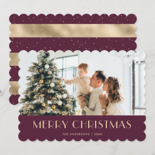 Tarjeta de Navidad elegante violeta y dorada con f