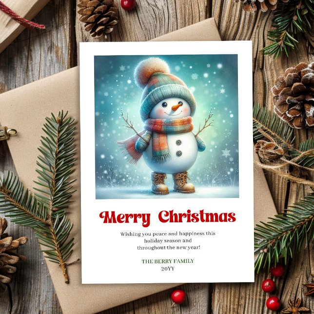 Tarjeta de Navidad en acuarela festiva de muñeco d (Joyful Christmas snowman festive watercolor greeting editable)