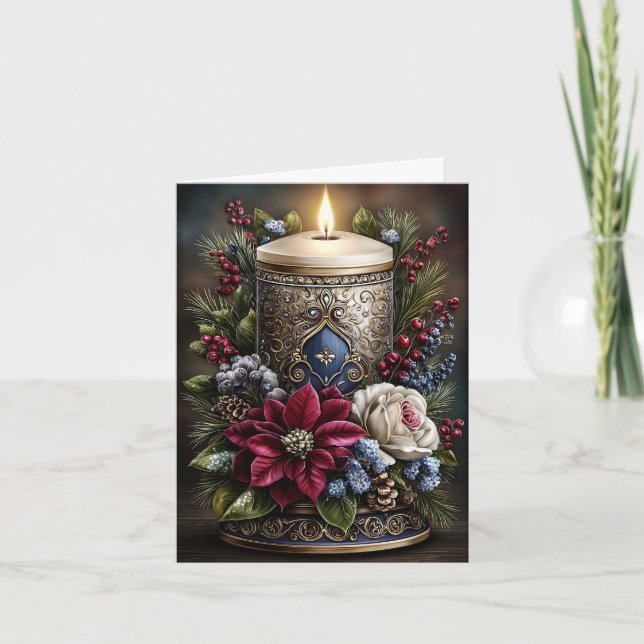 Tarjeta de Navidad en Blanco con Vela Floral Rústi (Anverso)