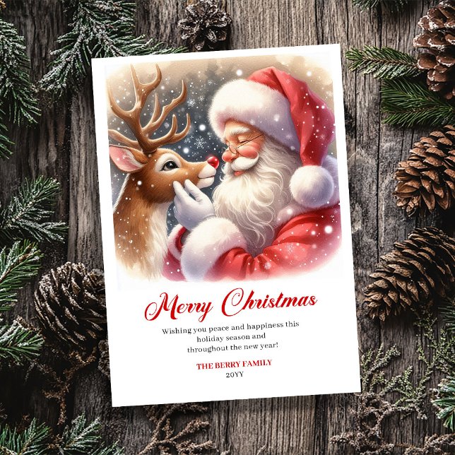 Tarjeta de Navidad encantadora clásica de Santa y  (Festive Classic Santa Rudolph Art Christmas Greeting Card)