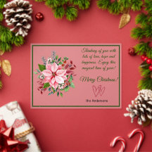 Tarjeta de Navidad escarchada con poinsettia rosa