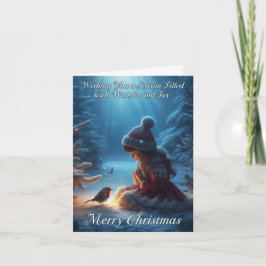 Tarjeta de Navidad Escena de Niña y Petirrojo en l