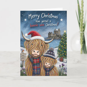 Tarjeta de Navidad escocesa de ternera de vaca Hig