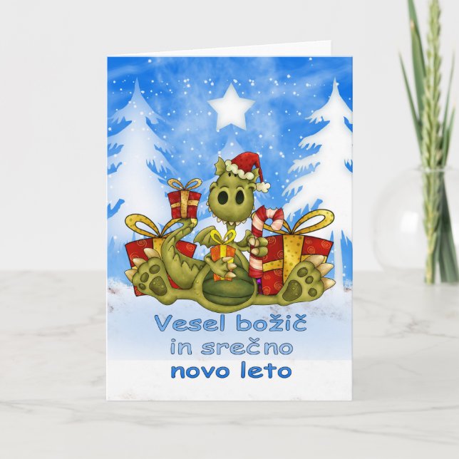Tarjeta de Navidad eslovena - dragón lindo - bož (Anverso)