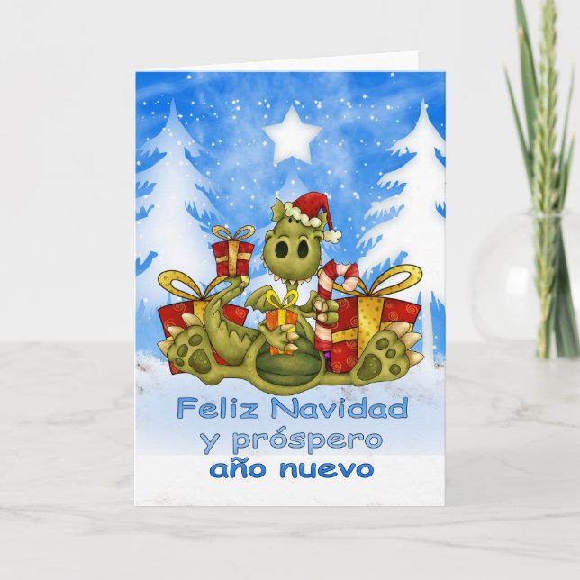 Tarjeta de Navidad española - dragón lindo - Feliz (Anverso)