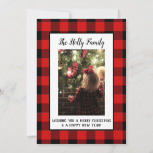 Tarjeta de Navidad Estilo Granja Negro Rojo Cuadro