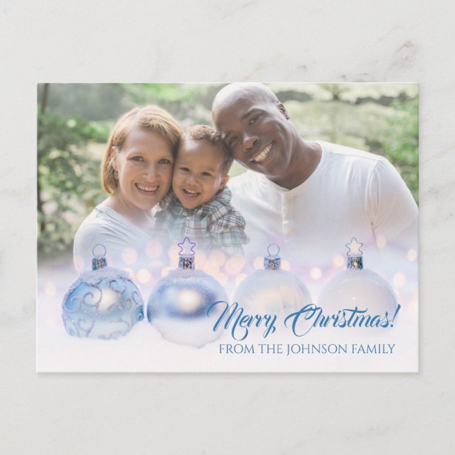 Tarjeta de Navidad familiar con adornos plateados (Anverso)