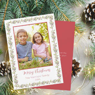 Tarjeta de Navidad Familiar con Borde de Bayas Roj