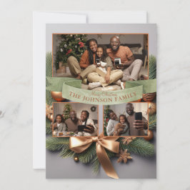 Tarjeta de Navidad familiar con cinta dorada y pin