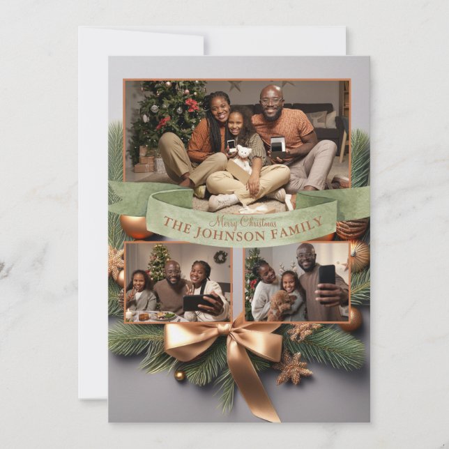 Tarjeta de Navidad familiar con cinta dorada y pin (Anverso)
