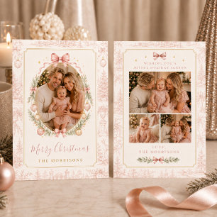 Tarjeta de Navidad Familiar con Cuatro Fotos y Laz