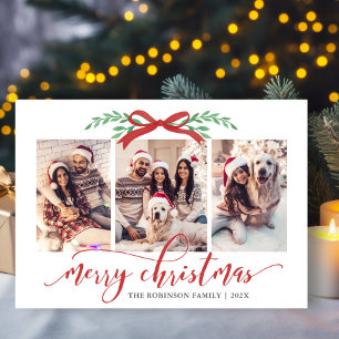 Tarjeta de Navidad Familiar de 3 Fotos con Verde y