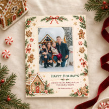 Tarjeta de Navidad familiar de casa de jengibre