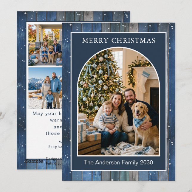 Tarjeta de Navidad Familiar de Madera Azul Rústica (Anverso / Reverso)