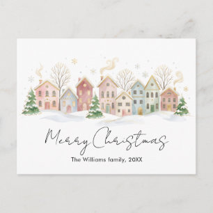 Tarjeta de Navidad familiar de pueblo invernal en