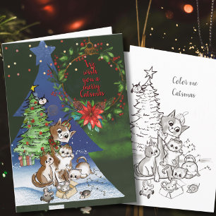 Tarjeta de Navidad familiar Feliz Catsmas, Coloréa