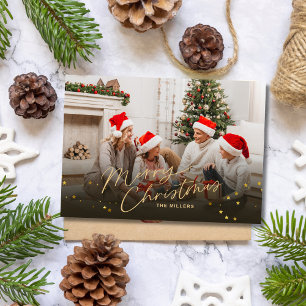 Tarjeta de Navidad familiar foto alegre dorada