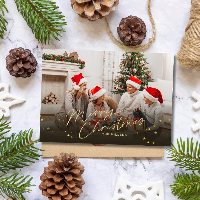 Tarjeta de Navidad familiar foto alegre dorada (Subido por el creador)