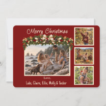 Tarjeta de Navidad familiar roja festiva con 4 fot
