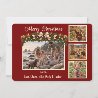 Tarjeta de Navidad familiar roja festiva con 4 fot