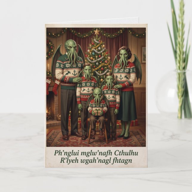 Tarjeta de Navidad familiar vintage de Cthulhu (Anverso)
