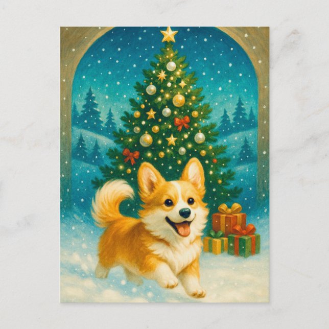 Tarjeta de Navidad Feliz Árbol de Navidad Corgi Ad (Anverso)